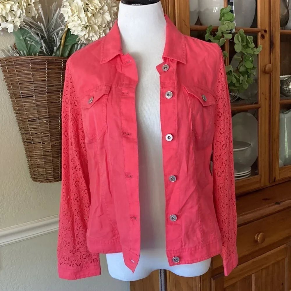 Chico’s 100% Linen Button Down Long Sleeve Coral Jacket Women’s Size Chico’s 0